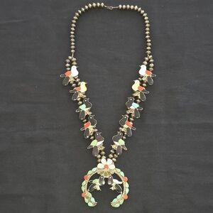 Signed Wesley & Ella Gia Zuni Sterling Squash Blossom Necklace Inlay Birds